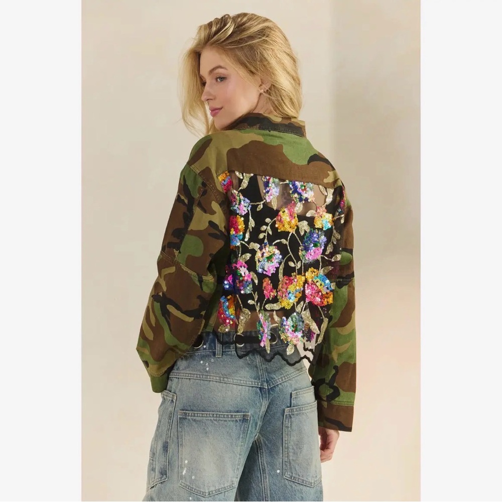 Camo denim cotton sequin Jean floral flower mineral bohemian wash coat jacket - Picture 2 of 9